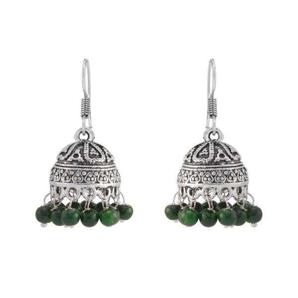 Silver tone jhumki with green beads earring - The Fineworld