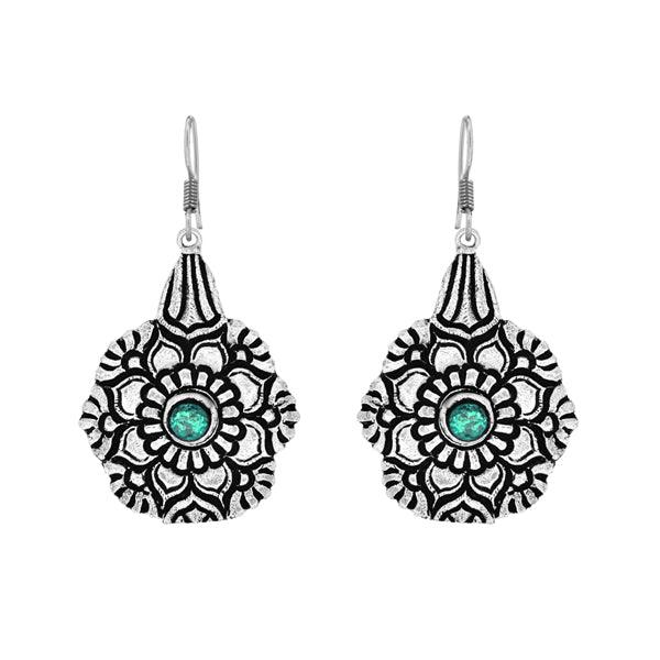 Floral Antique Look Earrings With Green Stone - The Fineworld