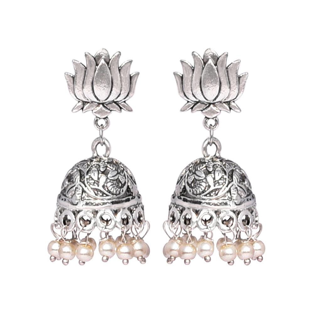 Lotus designed stud with white beaded jhumki earring - The Fineworld