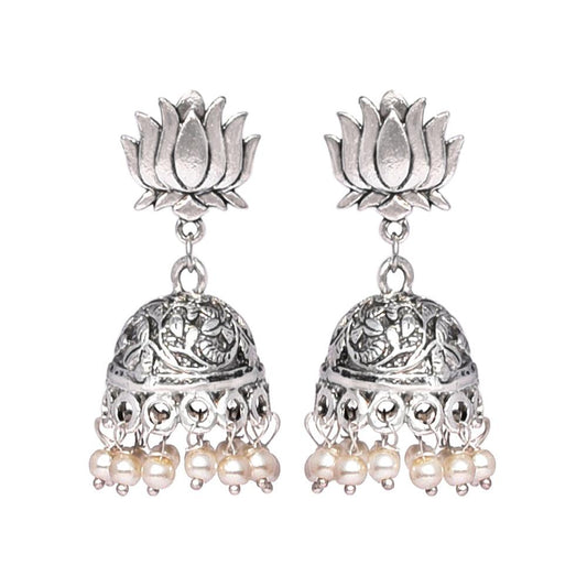 Lotus designed stud with white beaded jhumki earring - The Fineworld