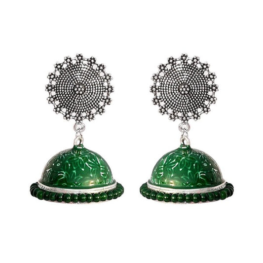 Oxidized stud classic color green jhumka earrings - The Fineworld