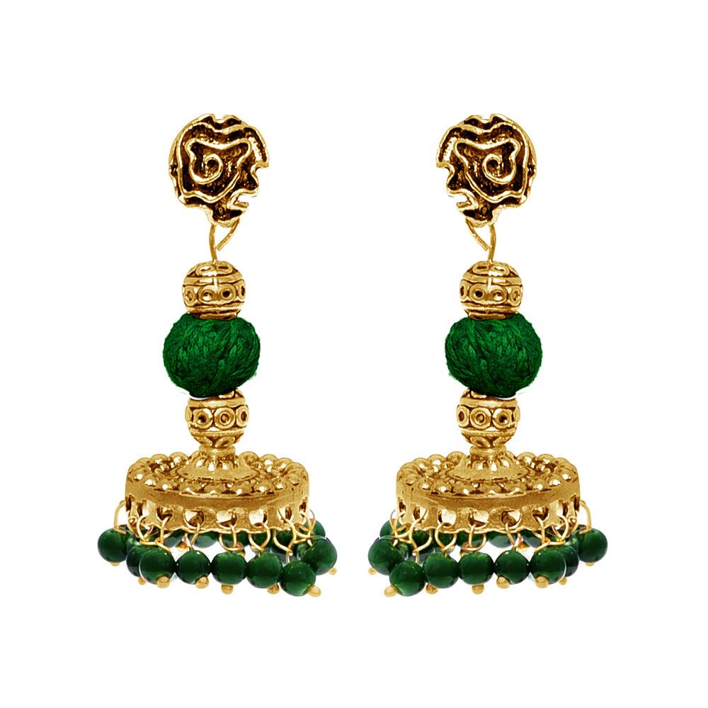 Golden finish trendy green beads oxidized drop earrings - The Fineworld