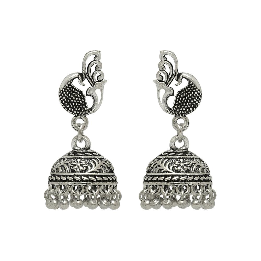 Handcrafted peacock oxidized silver earrings online across India - The Fineworld