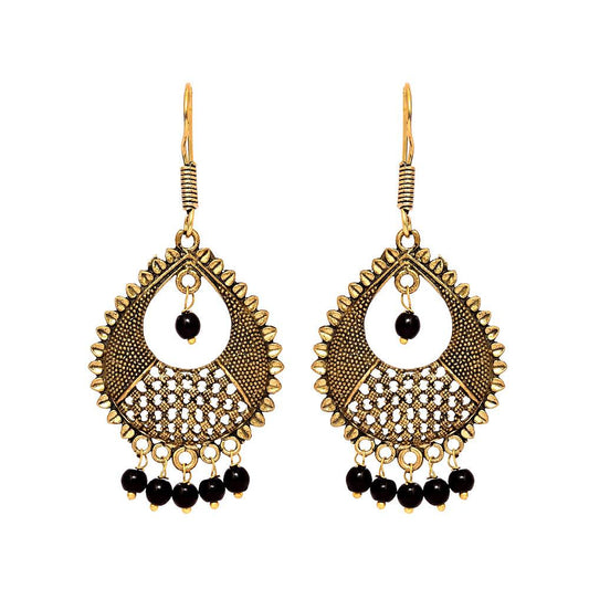 Black gold Long Earrings With Black Beads - The Fineworld