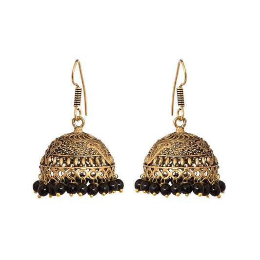 Antique golden engraved jhumkas with black beads - The Fineworld