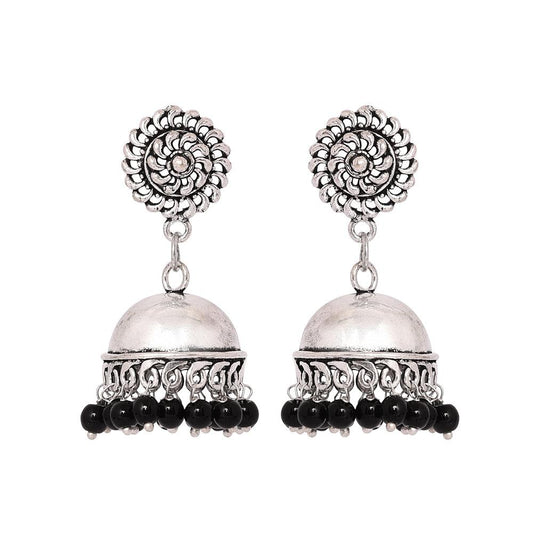 German silver chakra stud jhumki earrings with Black beads - The Fineworld