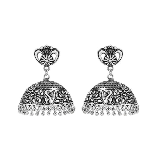 Floral Designed Stud Jhumka/Jhumki Earrings with Silver Beads - The Fineworld