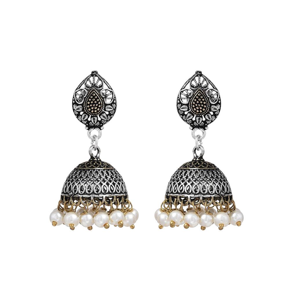 Oxidized Silver Stud and Dome Shaped Dangle Drop Earrings - The Fineworld