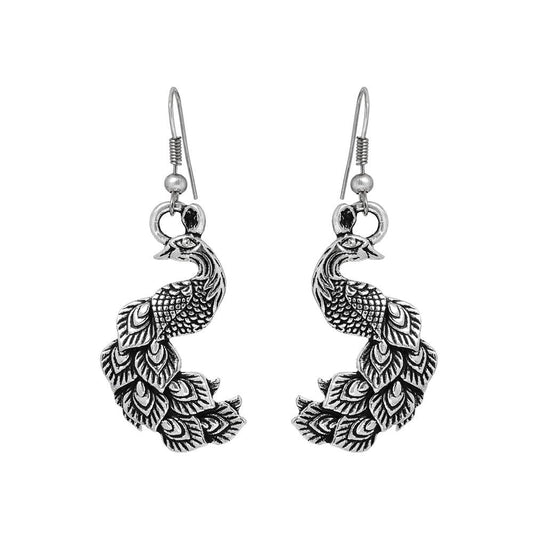 Peacock Shaped Silver Oxidized Drop Earrings - The Fineworld