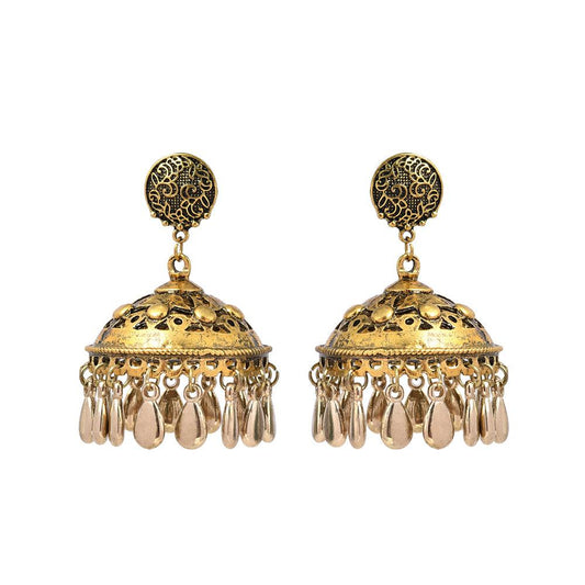 Golden Dome-Shaped Stud Earrings with Rose-Gold Tear Drop Hanging Beads for Women - The Fineworld