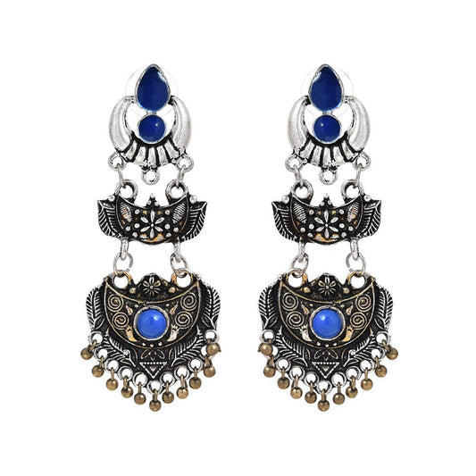Enameled and Blue Stoned Afghani Chandbali Earrings - The Fineworld
