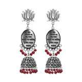 Red Beads Engraved Lotus Stud Drop Jhumki Earrings - The Fineworld