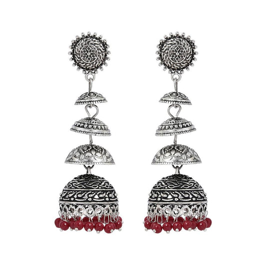 Multi-layer Silver Dome Shaped Stud Drop Earrings with Maroon Beads - The Fineworld