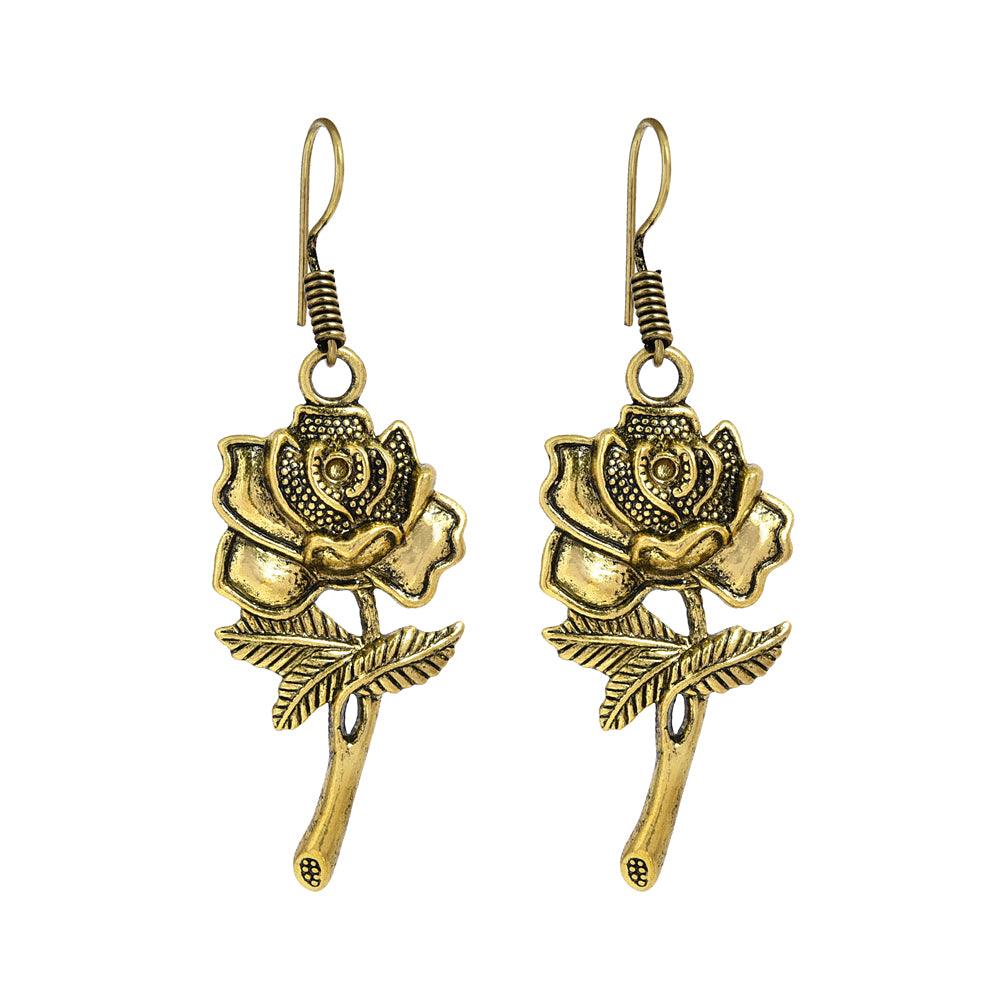 Rose Engraved Golden Drop Earrings - The Fineworld