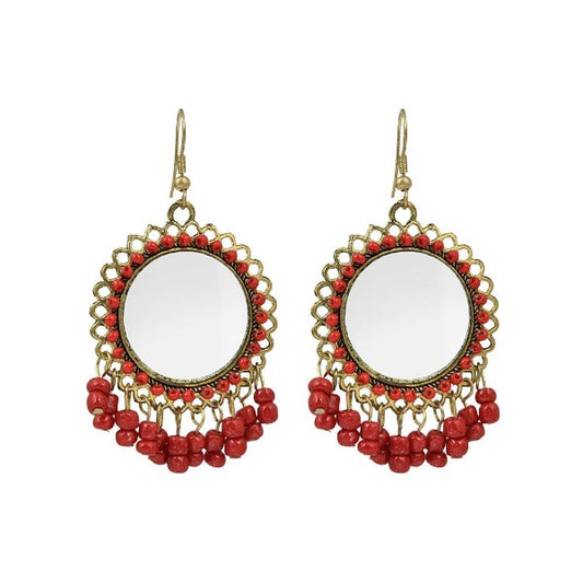 Circular Golden Mirrored and Beaded Drop Earrings - The Fineworld