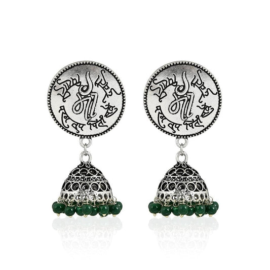 Silver Tone Green Beaded Mantra Inspired Earrings - The Fineworld