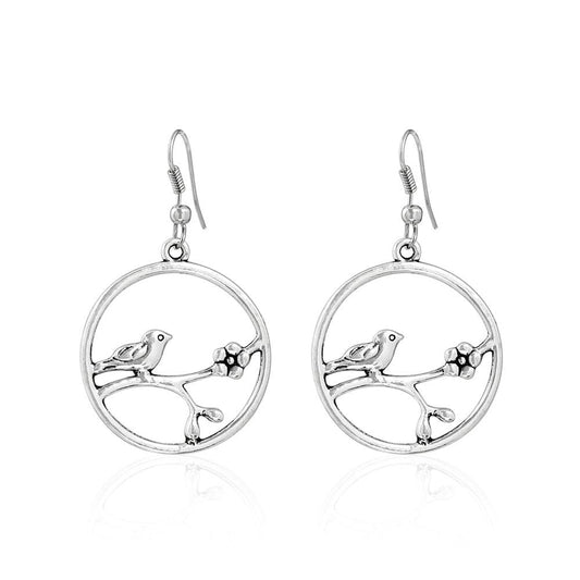 Round German Silver Earrings With Cute Sparrow - The Fineworld