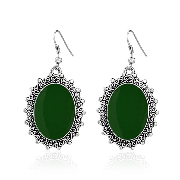 Green Enamel Oxidized Silver Drop Earrings
