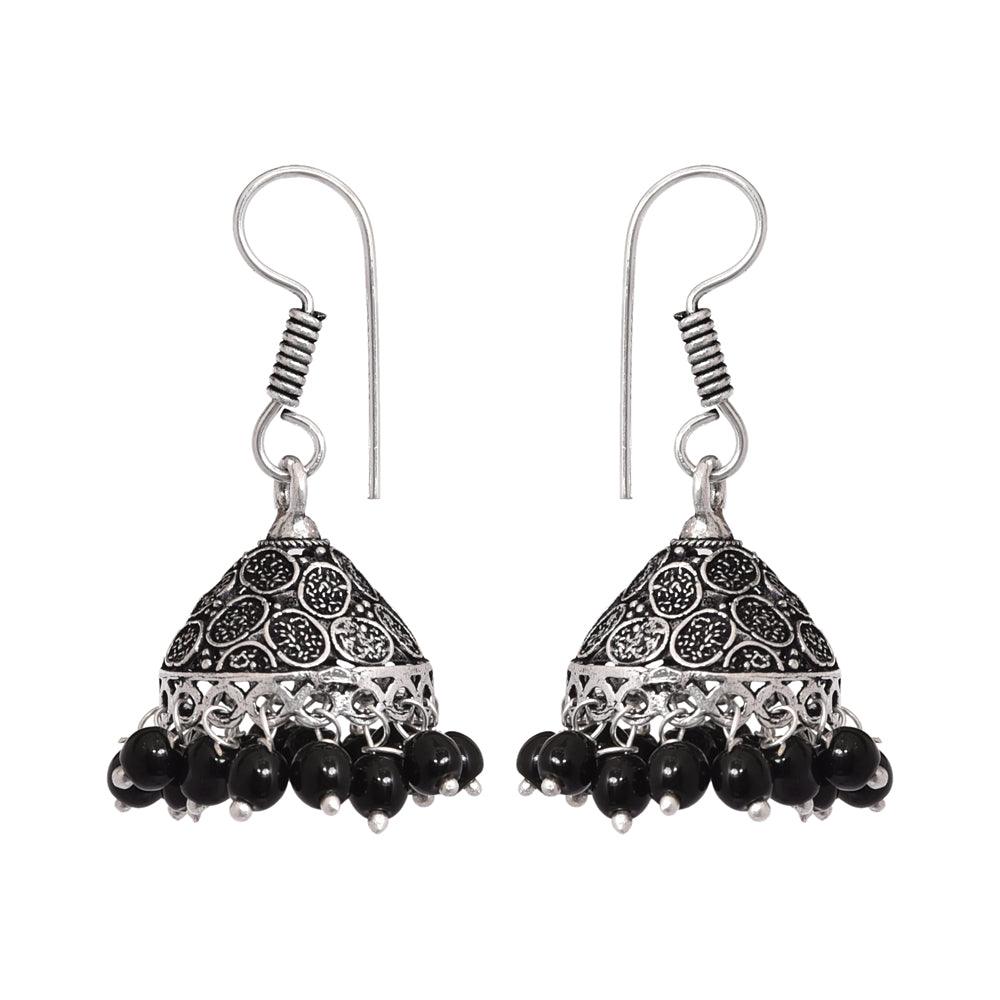 Small german silver jhumkis with black beads - The Fineworld