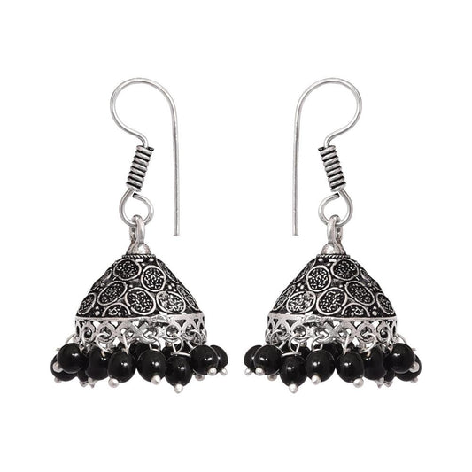 Small german silver jhumkis with black beads - The Fineworld