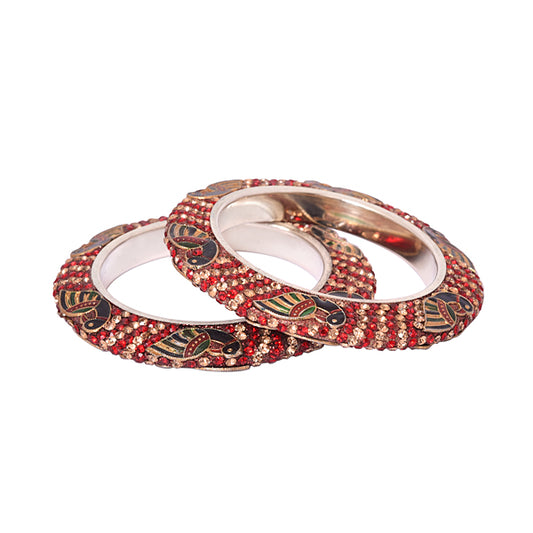 Golden Kada With Red Color Stone With A Peacock pattern