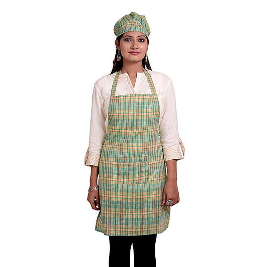 Green Checked Unisex Kitchen Apron with Cap & Front Pocket - The Fineworld