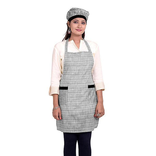 Striped Grey Unisex Kitchen Apron with Cap and Two Front Pockets - The Fineworld