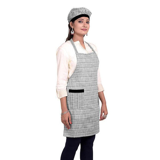 Striped Grey Unisex Kitchen Apron with Cap and Two Front Pockets - The Fineworld