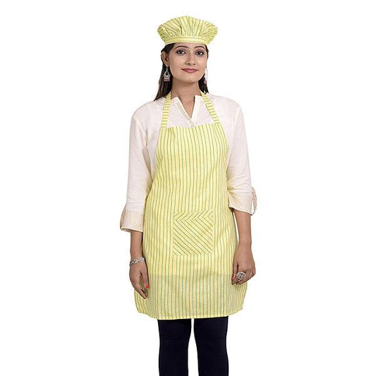 Vertical Striped Yellow Adjustable Bib Apron with Cap and Front Pocket - The Fineworld