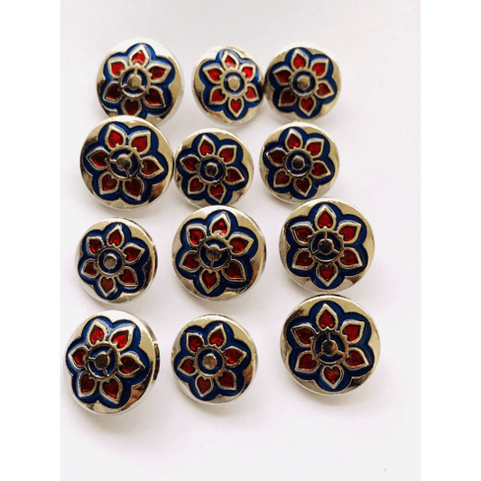 Floral Blue and Red Color Metal Button - The Fineworld